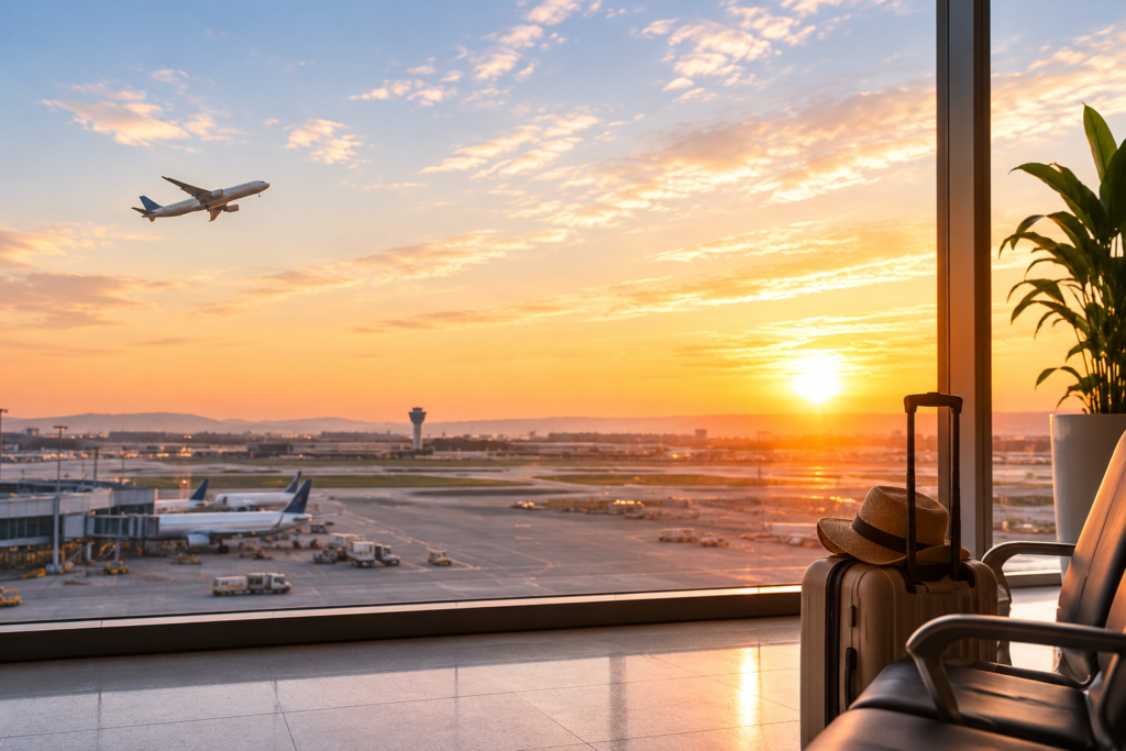 Wide airport terminal header image with a suitcase by the window and an airplane flying in the distance at sunrise, illustrating cheap flight search tips, budget travel, and affordable airfare planning.
These are optimized for keywords such as cheap flights, budget travel, affordable airfare, flight deals, and travel planning, while still sounding natural for both search engines and readers.