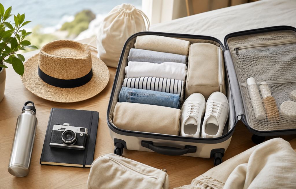Lightly packed carry-on suitcase with neatly folded clothes, travel essentials, and minimalist accessories for efficient travel packing.