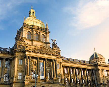 The National Museum in Prague, Czech Republic, with its grand Neo-Renaissance architecture overlooking Wenceslas Square.
