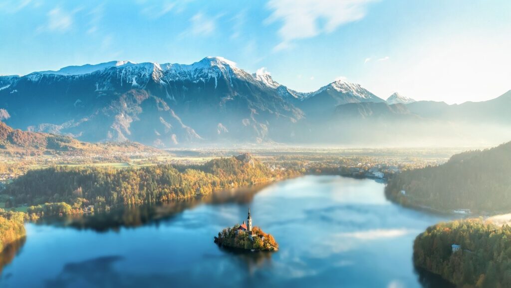 A top view photo of the Lake Bled in Slovenia.