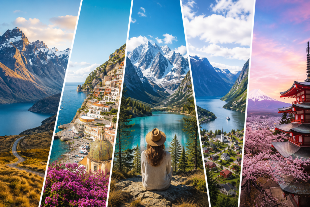 Scenic travel collage featuring mountains, turquoise lakes, Mediterranean coastline, fjords, and Mount Fuji with cherry blossoms.