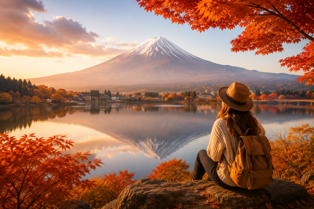 Traveller overlooking an autumn mountain lake surrounded by colorful foliage and a snow-capped mountain