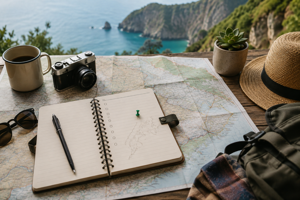 Travel planning essentials including a map, notebook, camera, coffee, and backpack overlooking a scenic coastline, representing a flexible travel itinerary.