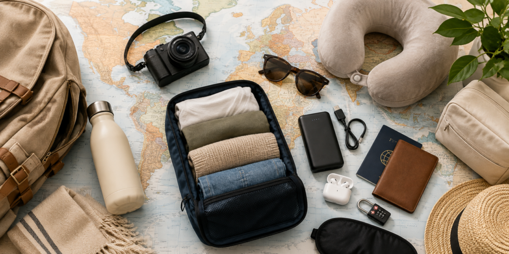 Flat lay of essential travel gear on a world map, featuring a backpack, packing cube with clothes, reusable water bottle, camera, passport, power bank, sunglasses, travel pillow, toiletry bag, wallet, and travel accessories for every trip.