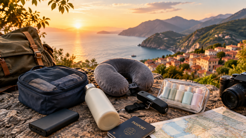 Travel essentials including packing cubes, power bank, reusable water bottle, neck pillow, luggage scale, passport, and camera arranged on a stone ledge overlooking a scenic mountain and coastal landscape.