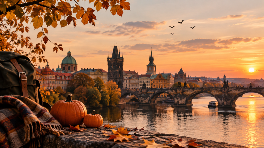 Historic European city and stone bridge at sunset in autumn, with a travel backpack, two pumpkins, fallen leaves and bats in the sky.