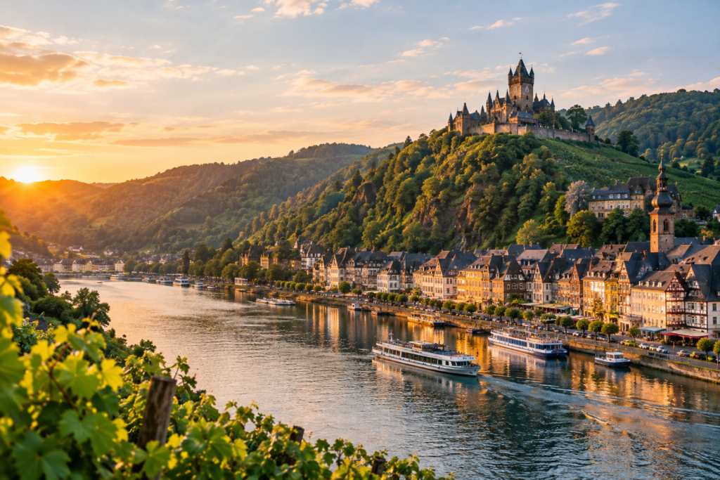 Scenic view of Cochem, Germany, with the Moselle River, historic town buildings, vineyards, river boats, and Reichsburg Castle on the hill.